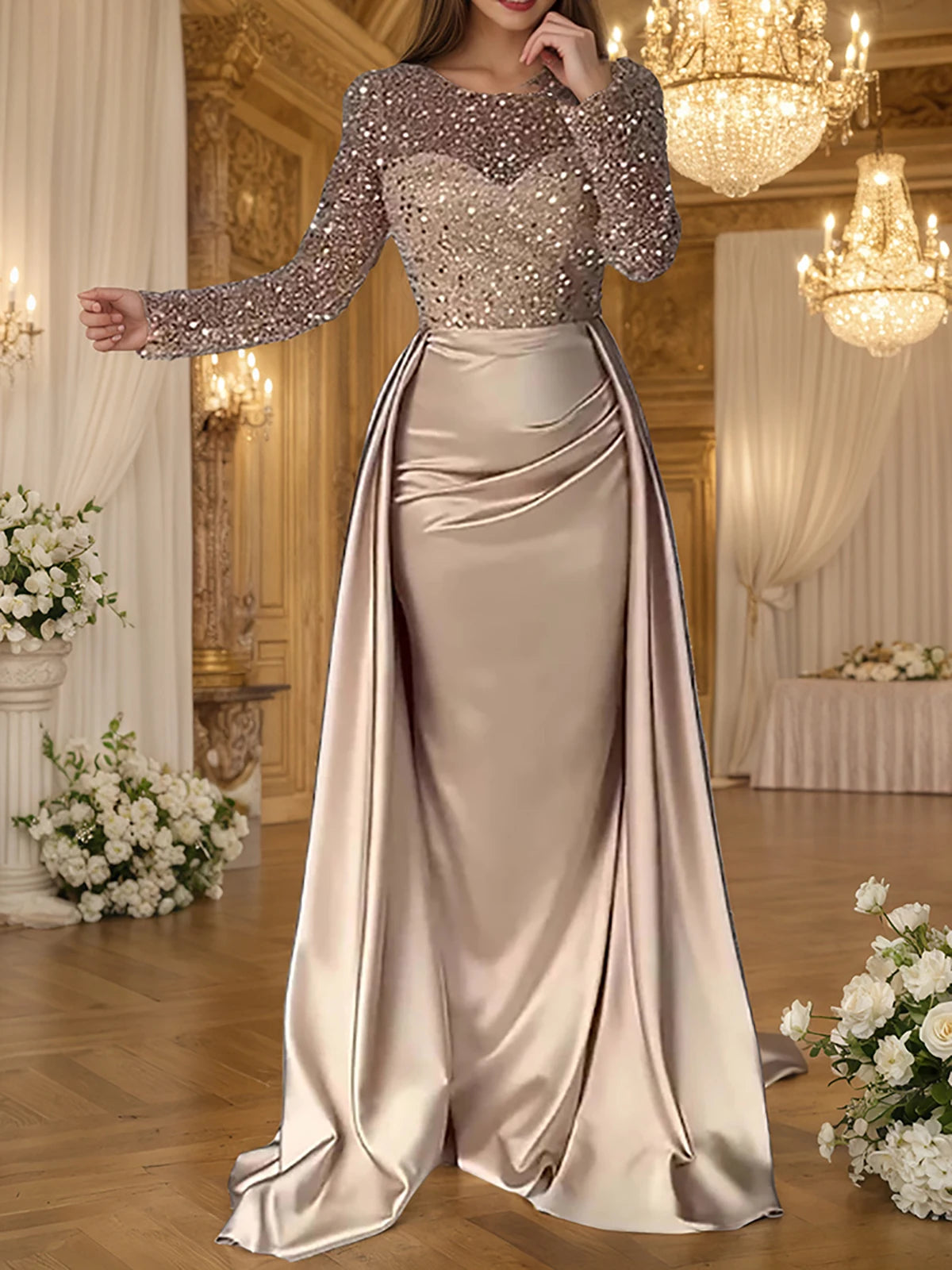 Sequin Evening Crew Neck Gold Long Sleeve Ruched Tiered Bodycon Dress