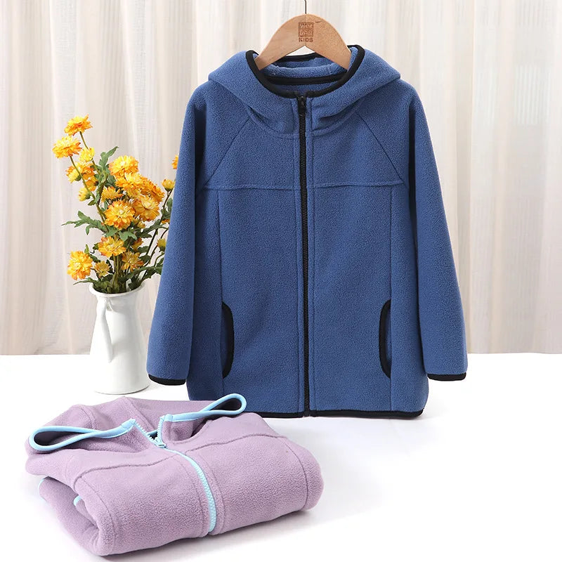 Children's Fleece Jacket Autumn Winter Casual Warm Teen Boys Girls Hooded Outerwear Anti-Static Windproof Cozy Kids Tops Clothes