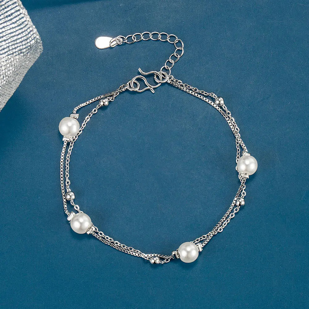 925 Sterling Silver Bracelet Double Chain Pearl Beads