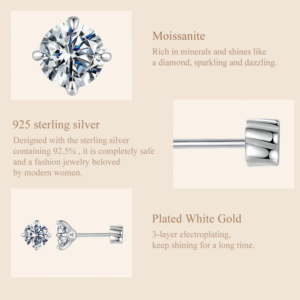 Classic Moissanite Earrings, 925 Silver Brilliant 4 Prongs Round Cut
