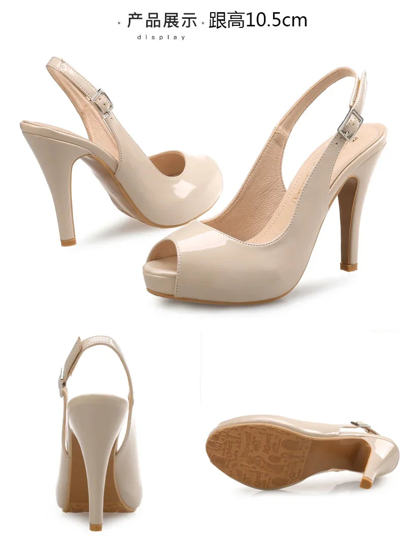 high-heeled women's nude color patent leather waterproof platform fish mouth