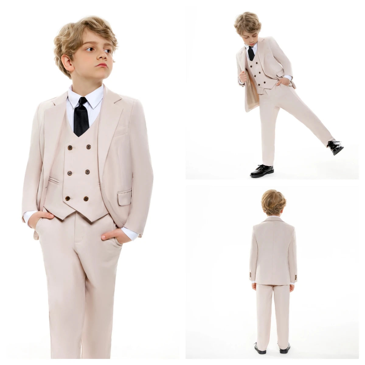 Beige Boy's Formal Suit Set, 4 Pieces Regular Fit Kids Smart Prom Suits, Jacket Vest Pants Tie Classy Solid Tuxedo For Wedding