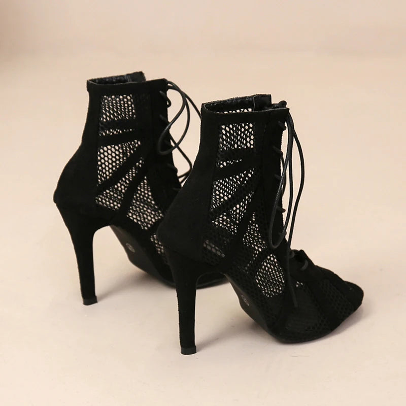 High Heels Hollow Mesh Sandals Women Summer Cross-tied Peep Toe Heeled Sandals Ankle Strap Dance Shoes Black Net Sandals