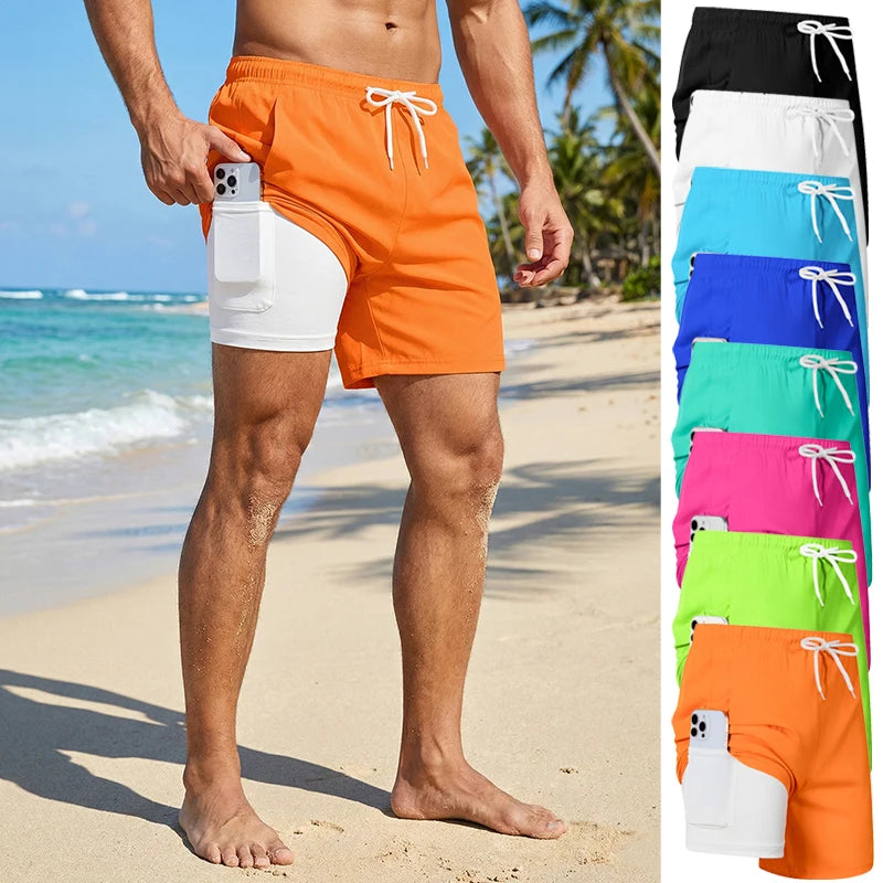 Mens Swim Trunks with Compression Liner Phone Pocket