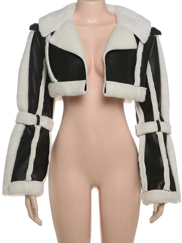 Furry Patchwork Women Crop Jacket Hipster Full Sleeve