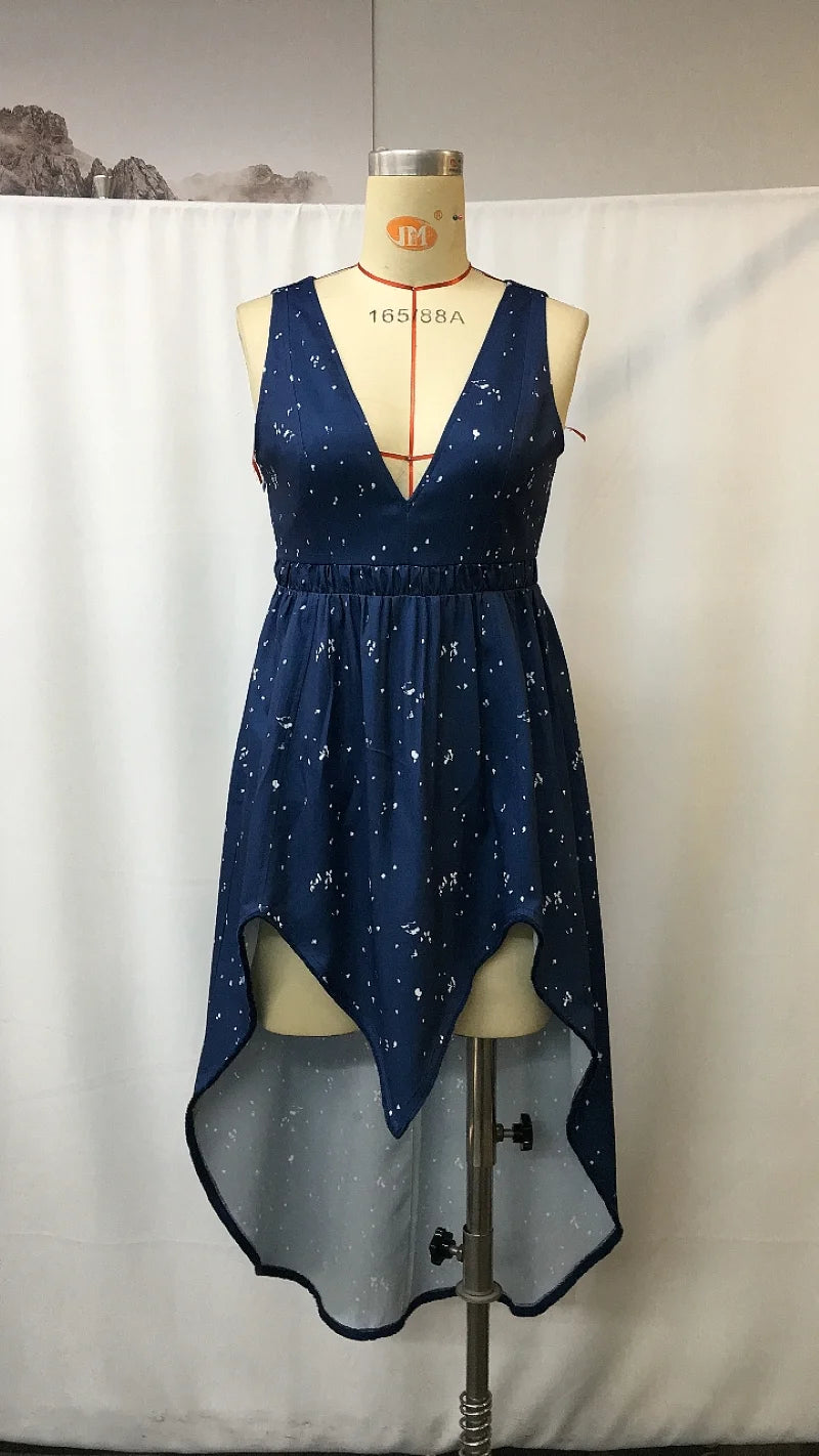 Women Sexy Deep V Sleeveless Dress, Irregular Hem Elastic Waist Star Print Flowy Gown for Party Club Cocktail Night Out Daily
