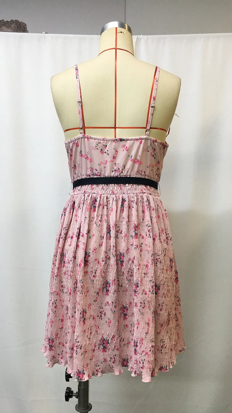 Sexy Vintage Floral Suspender Mini Dress V-Neck Irregular Hem Waist Belt Ruffle Casual Party Beach Picnic Festival