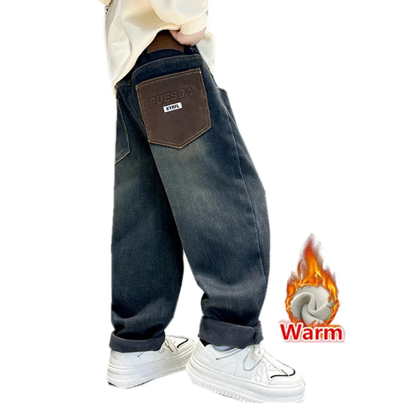 Retro Dark Blue Winter Warm Jeans  Thickened Insulated Denim Pants
