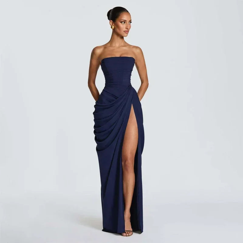 Solid Pleated Strapless Women's Dress Backless Off-shoulder