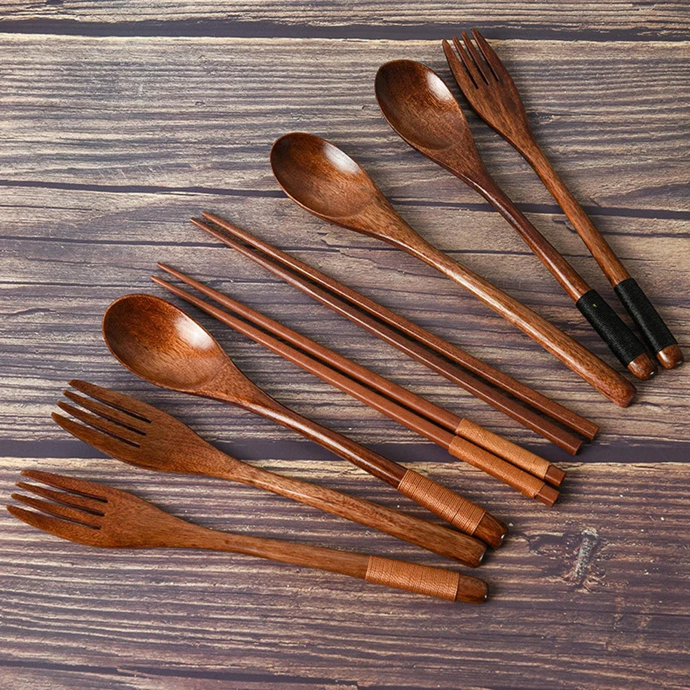 3 Pieces Tableware Natural Wood Dinnerware Spoon Chopsticks