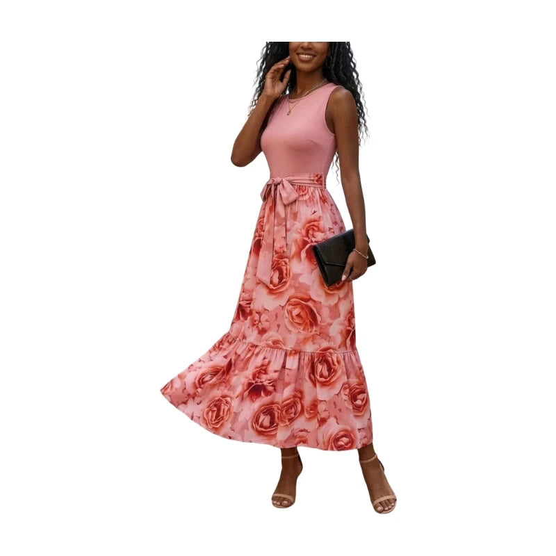 Women Round Neck Sleeveless Floral Print Midi Dress Ruffle Hem A Line Dress With Self Tie Belt For Casual Holiday Occasion