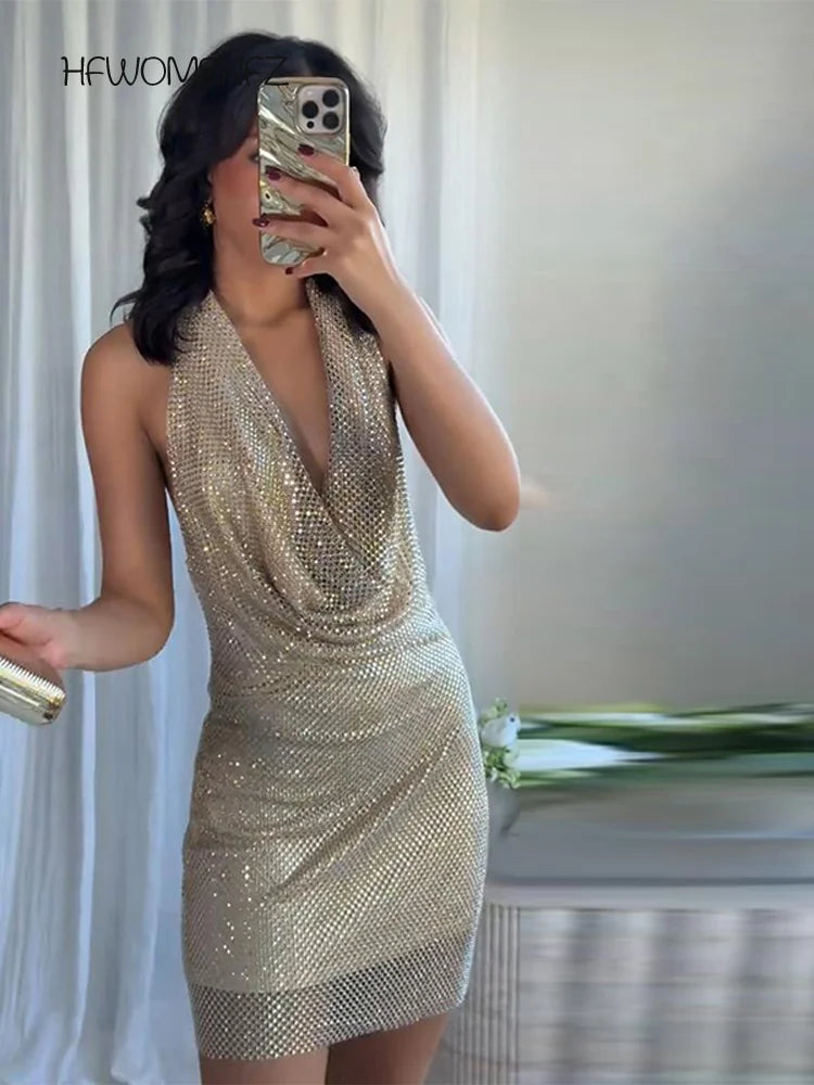 Diamond Halter Backless V Neck Dress