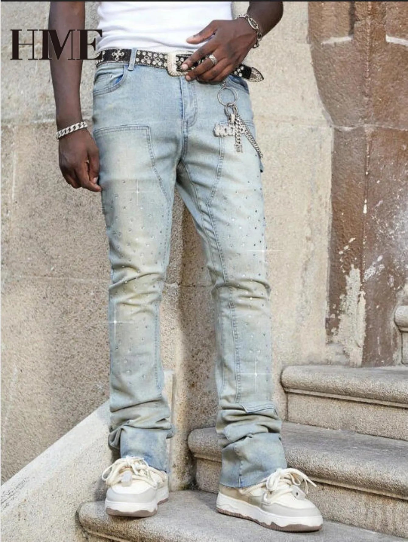 【HME】Men's jeans | Rhinestone Embellished Stacked Flare Denim pants for men, light vintage washed denim trousers with full‑body hot‑fix rhinestones, contrast stitching, multi‑pocket construction fashion streetwear m