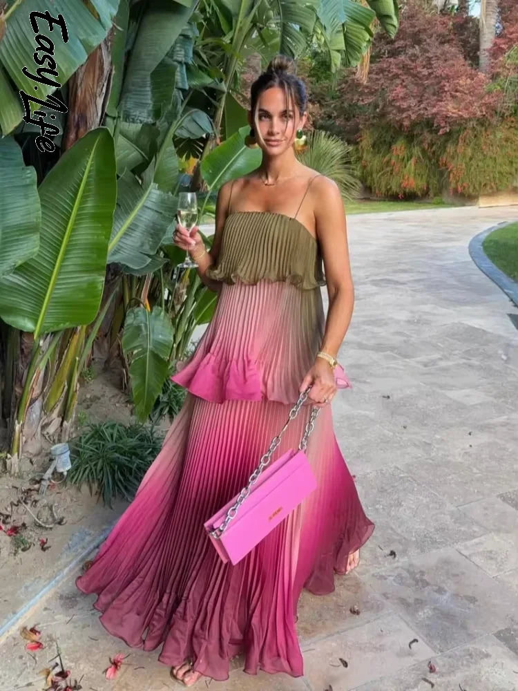 Multicolored Pleated  Maxi Dress  Spaghetti Strap Ruffle Tiered Flowy
