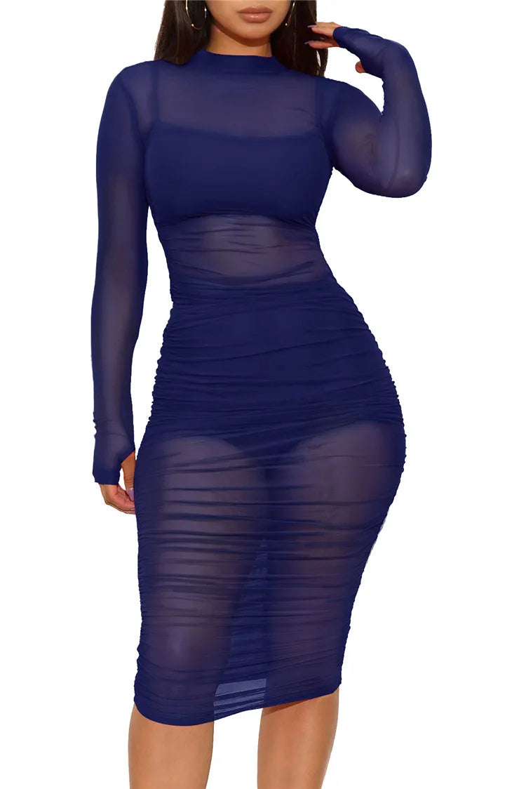 Women Mesh See Through 3 Piece Set Bodycon Ruched