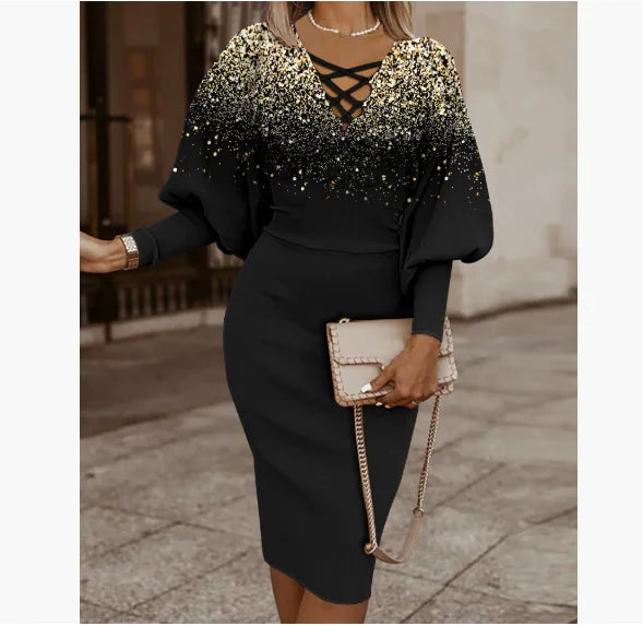 Maze Printed Long Sleeved Slim Fit Dress