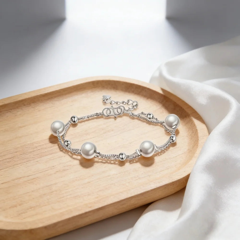 925 Sterling Silver Bracelet Double Chain Pearl Beads