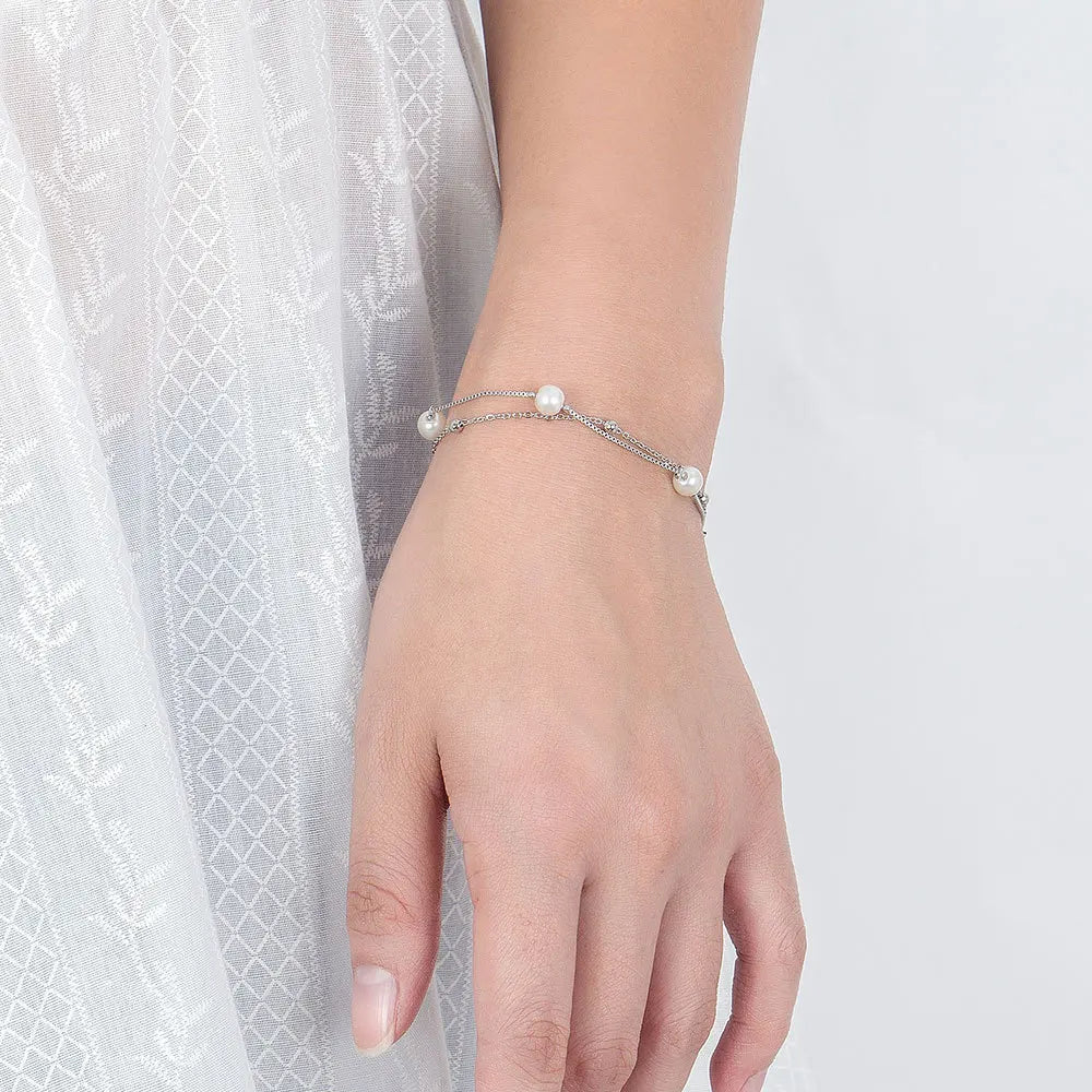 925 Sterling Silver Bracelet Double Chain Pearl Beads