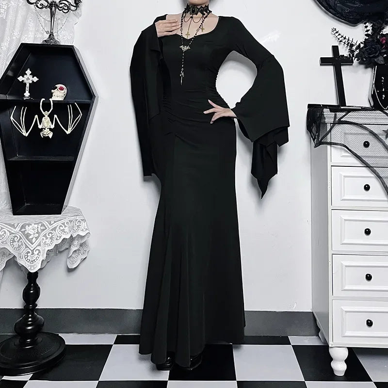 Halloween Costume Women Batwing Sleeve Floor Dress Black Gothic Evil Terror