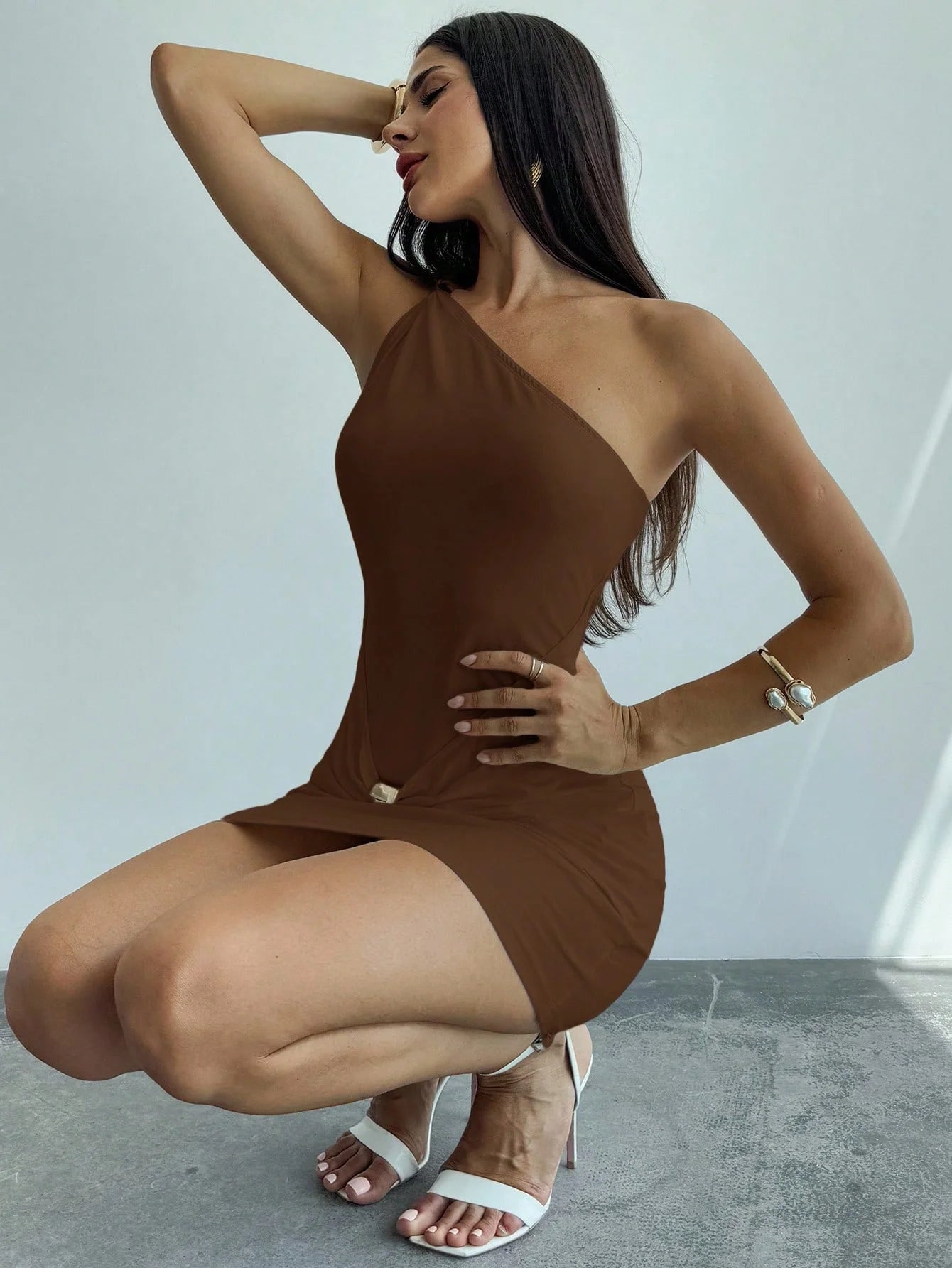 white inclined shoulder collar metal button midi dress