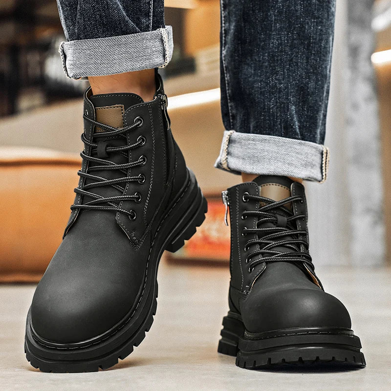 New autumn and winter men's boots rain boots high-top fashion side zipper motorcycle boots men's outdoor warm booties lacing 46