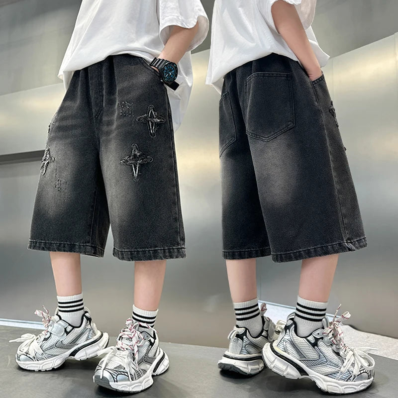 Boys Denim Shorts with Star Pattern