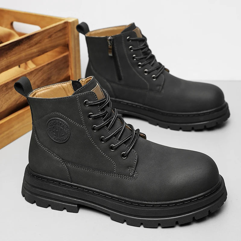 New autumn and winter men's boots rain boots high-top fashion side zipper motorcycle boots men's outdoor warm booties lacing 46
