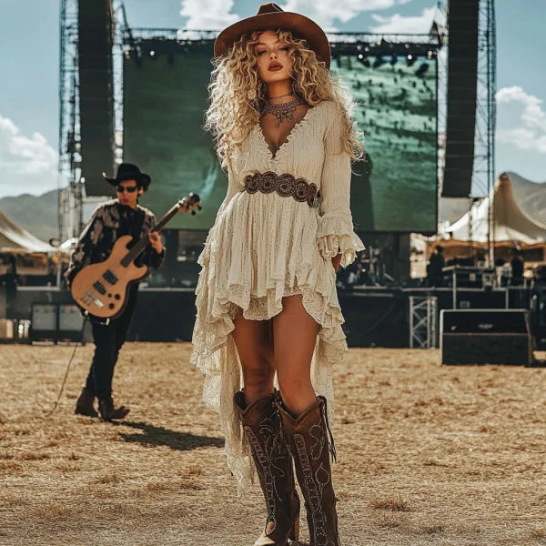 Western Music Festival Rock Carnival Party Ruffled Floral Tassel Lace Vintage Dress