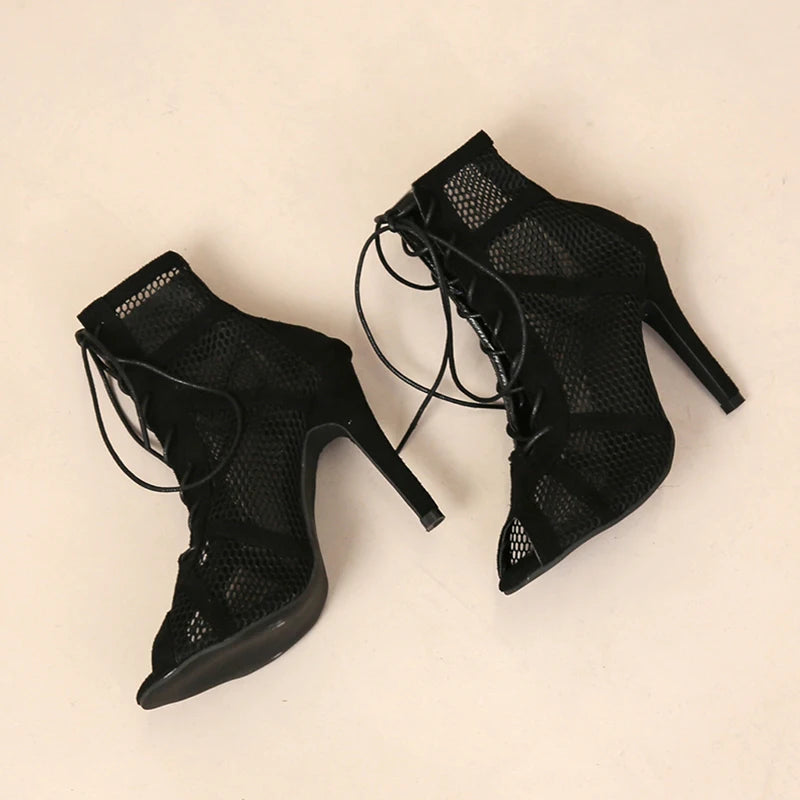 High Heels Hollow Mesh Sandals Women Summer Cross-tied Peep Toe Heeled Sandals Ankle Strap Dance Shoes Black Net Sandals