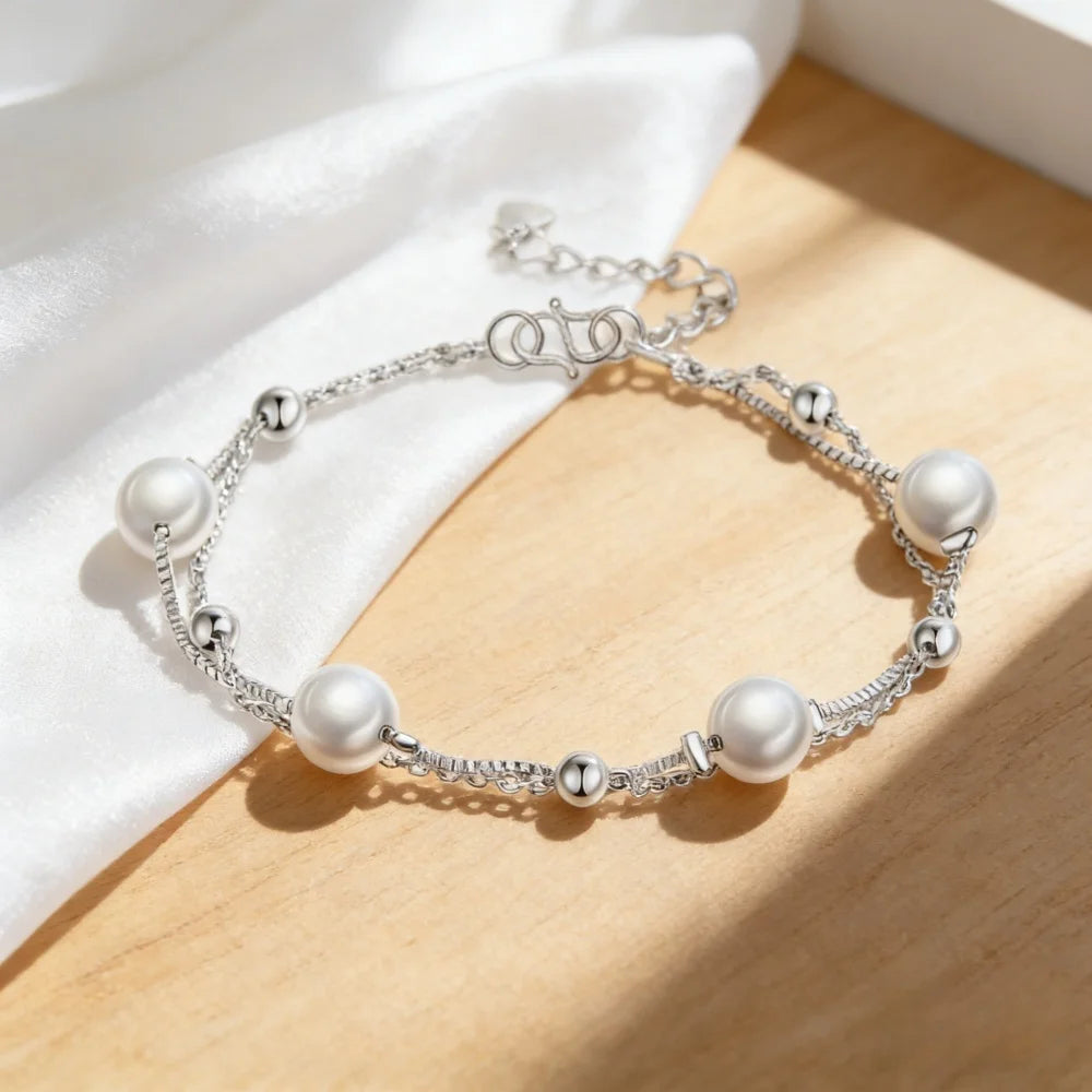 925 Sterling Silver Bracelet Double Chain Pearl Beads