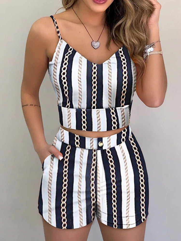 Two Piece Set Sleeveless Floral Vest Shirts + Shorts