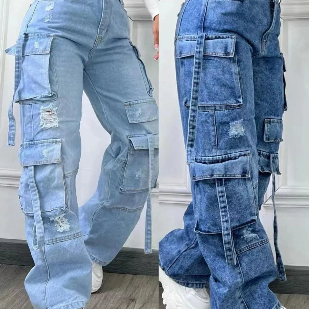 Plus Size Women's High Waist Cargo Denim