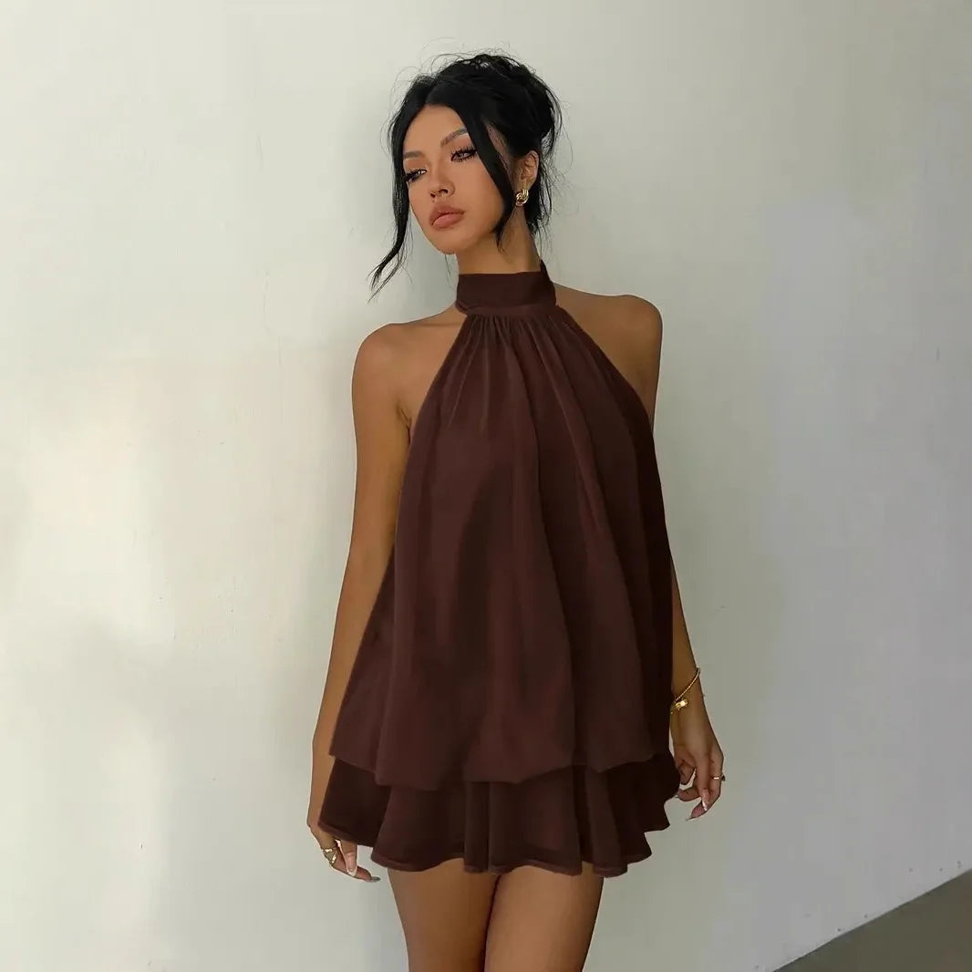 Halter Neck Backless Tie Mini Dress