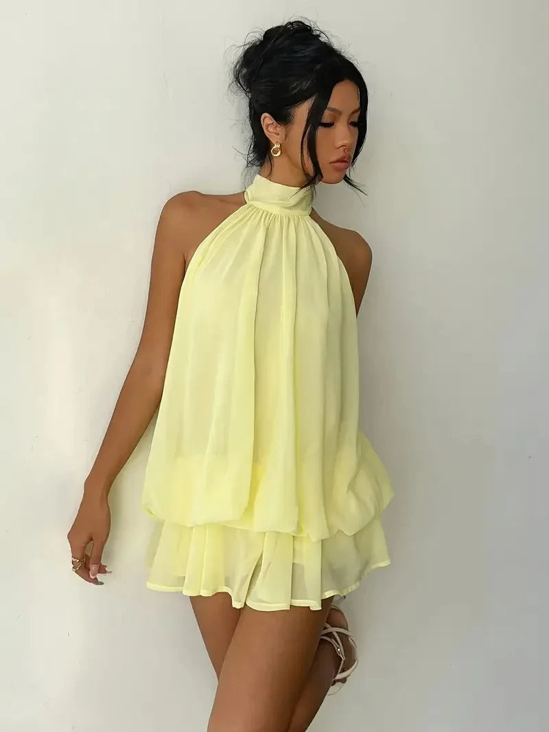 Halter Neck Backless Tie Mini Dress