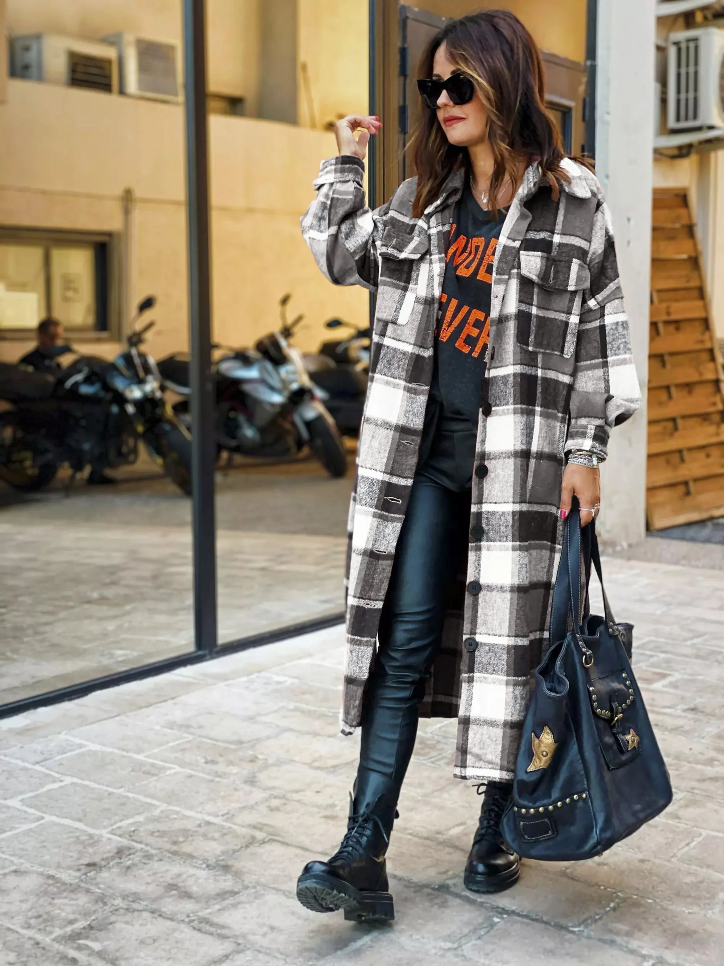 Women Coat Plaid Print Long Maxi Button Coats