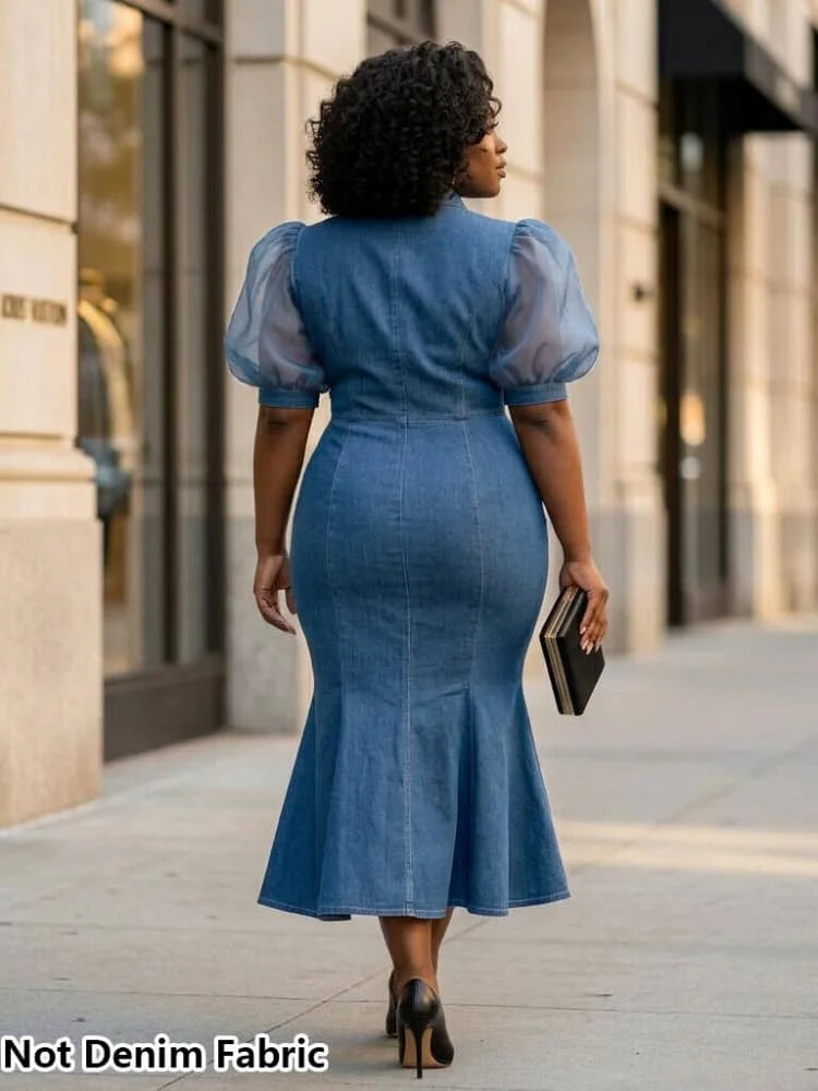 Plus Size Shirt Collar Puff Sleeve Button Decor Ruffle Midi Dress For Women Office Business Mermaid Bodycon Dress