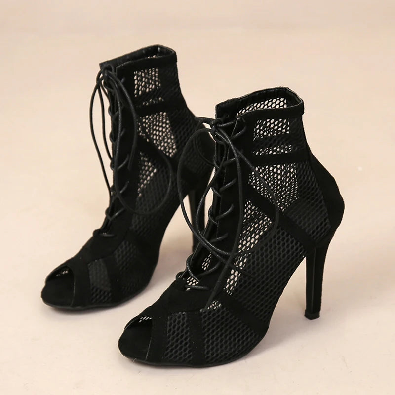High Heels Hollow Mesh Sandals Women Summer Cross-tied Peep Toe Heeled Sandals Ankle Strap Dance Shoes Black Net Sandals