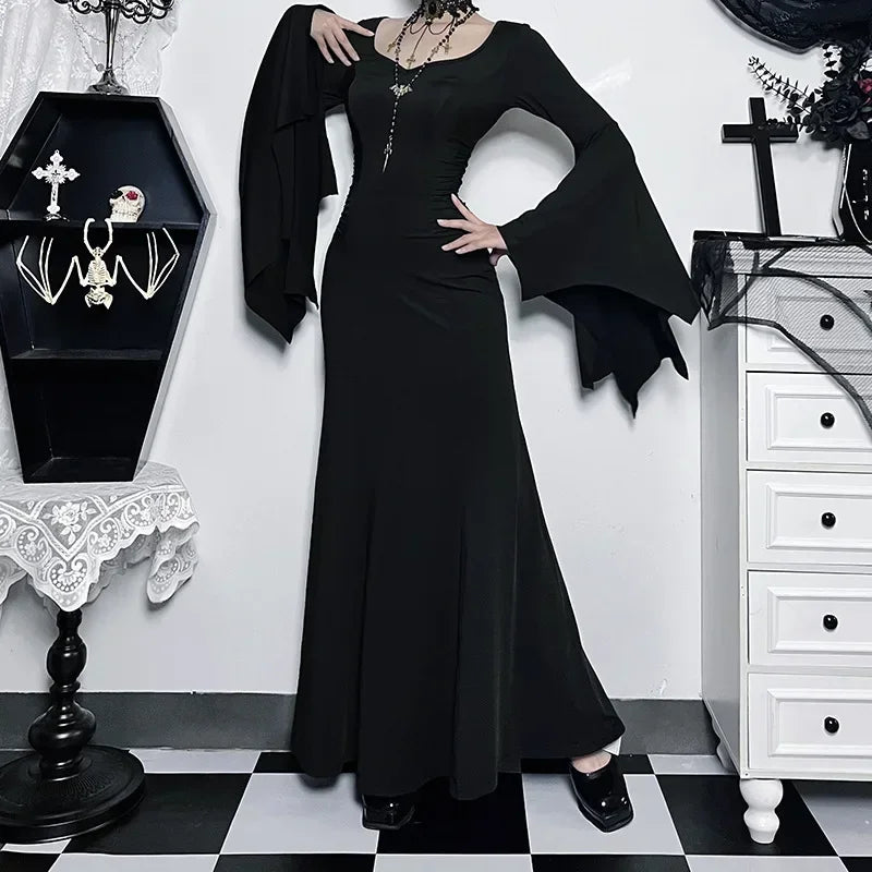 Halloween Costume Women Batwing Sleeve Floor Dress Black Gothic Evil Terror