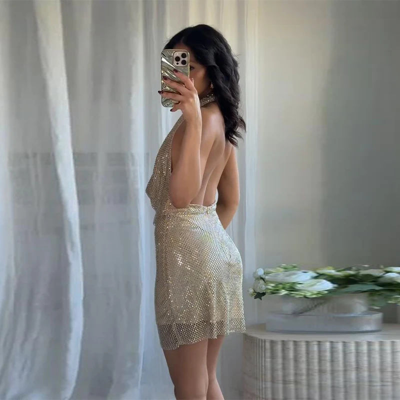 Diamond Halter Backless V Neck Dress