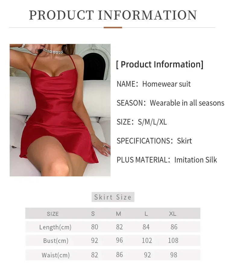 Sexy Lace Satin Silk Mini Dress Women Nightdress Sleepwear Cross Strap Pile Pile Collar Slip Backless Night Dress Pajamas