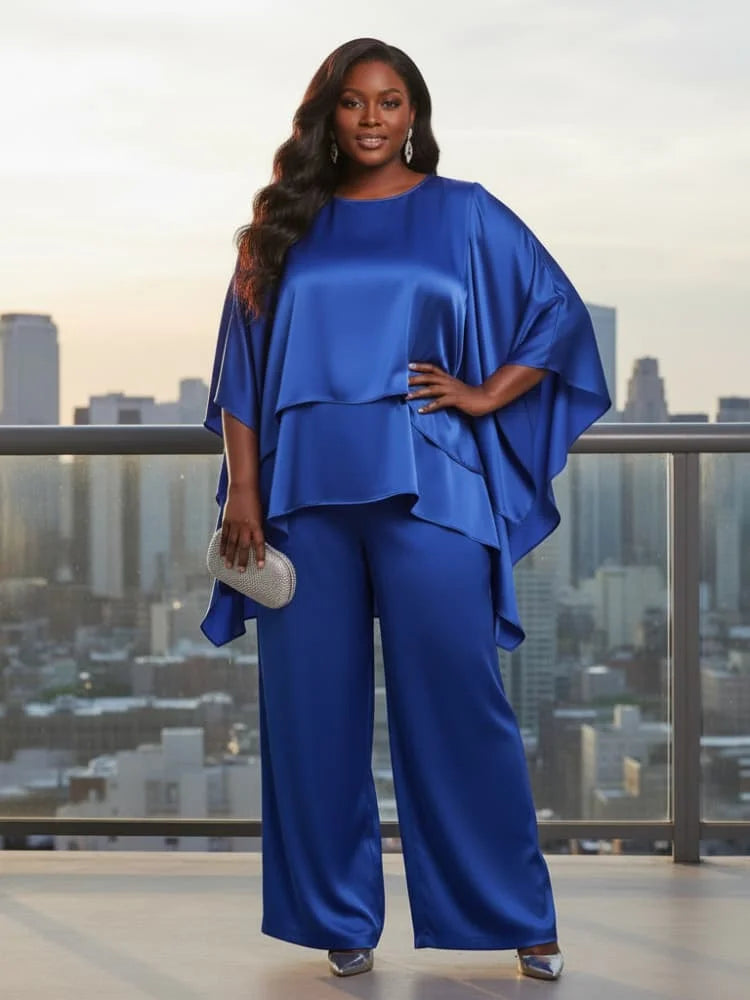 Plus Size Round Neck Cape Sleeve Top + Wide Leg Pants Suit For Women Formal Banquet Evening Party Two Piece Matching Outfit