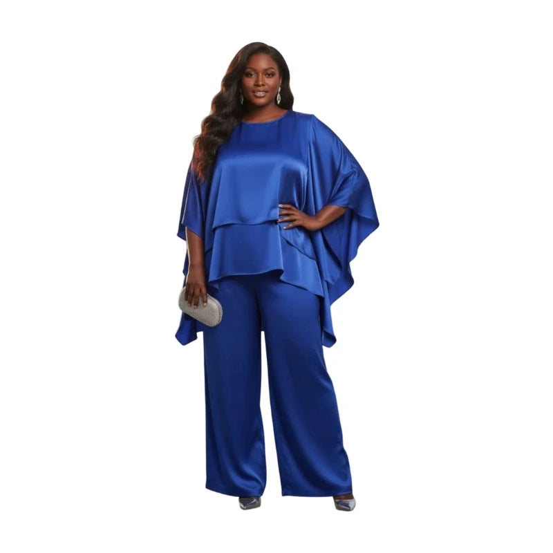 Plus Size Round Neck Cape Sleeve Top + Wide Leg Pants Suit For Women Formal Banquet Evening Party Two Piece Matching Outfit