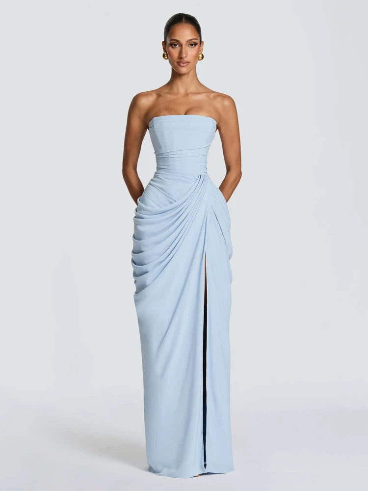Solid Pleated Strapless Women's Dress Backless Off-shoulder