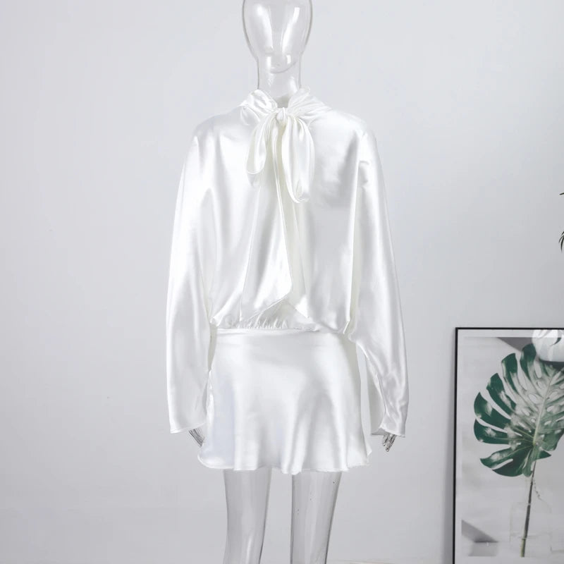 Satin Mini Dress  Scarf Collar Batwing Sleeve