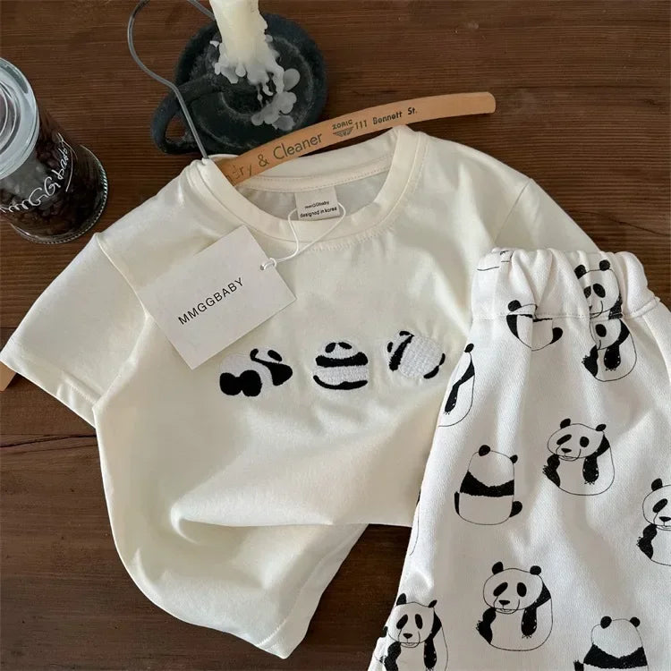 Children's Clothing Sets Panda Embroidered Short Sleeve Top + Panda Print Shorts Baby Girl Clothes for 2 To 7years Outfit Set