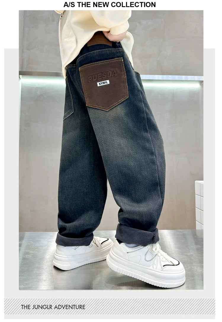 Retro Dark Blue Winter Warm Jeans  Thickened Insulated Denim Pants