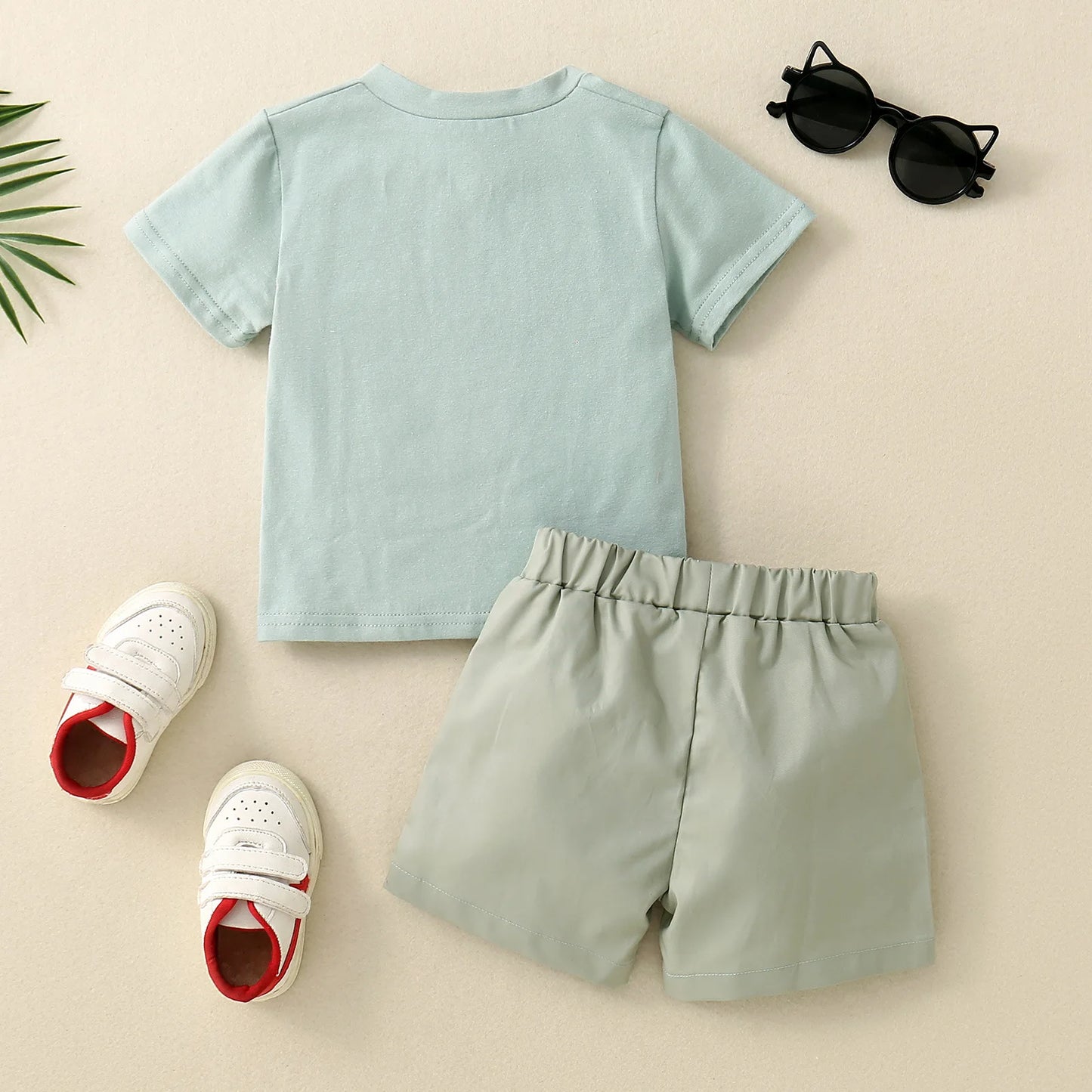 2PCS Spring and Summer Boy Short Sleeve Open Collar Spliced Shirt Decorative Drawstring Shorts Skin Friendly Cotton Shirt