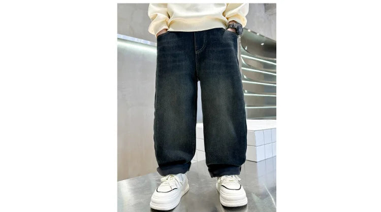 Retro Dark Blue Winter Warm Jeans  Thickened Insulated Denim Pants