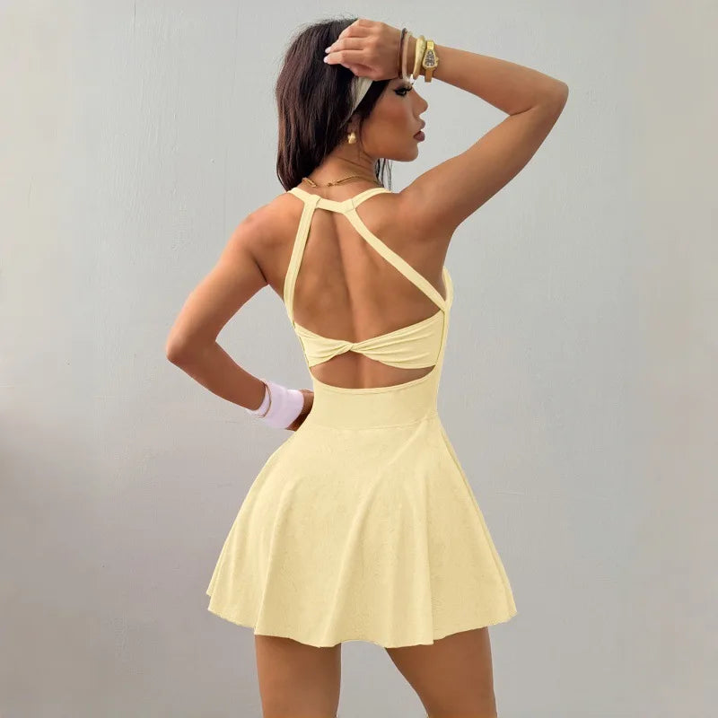 Women Naked Feel Yoga Tennis Dress With Pockets Quick Dry Breathable Anti-Exposure Running Fitness Sports Dress