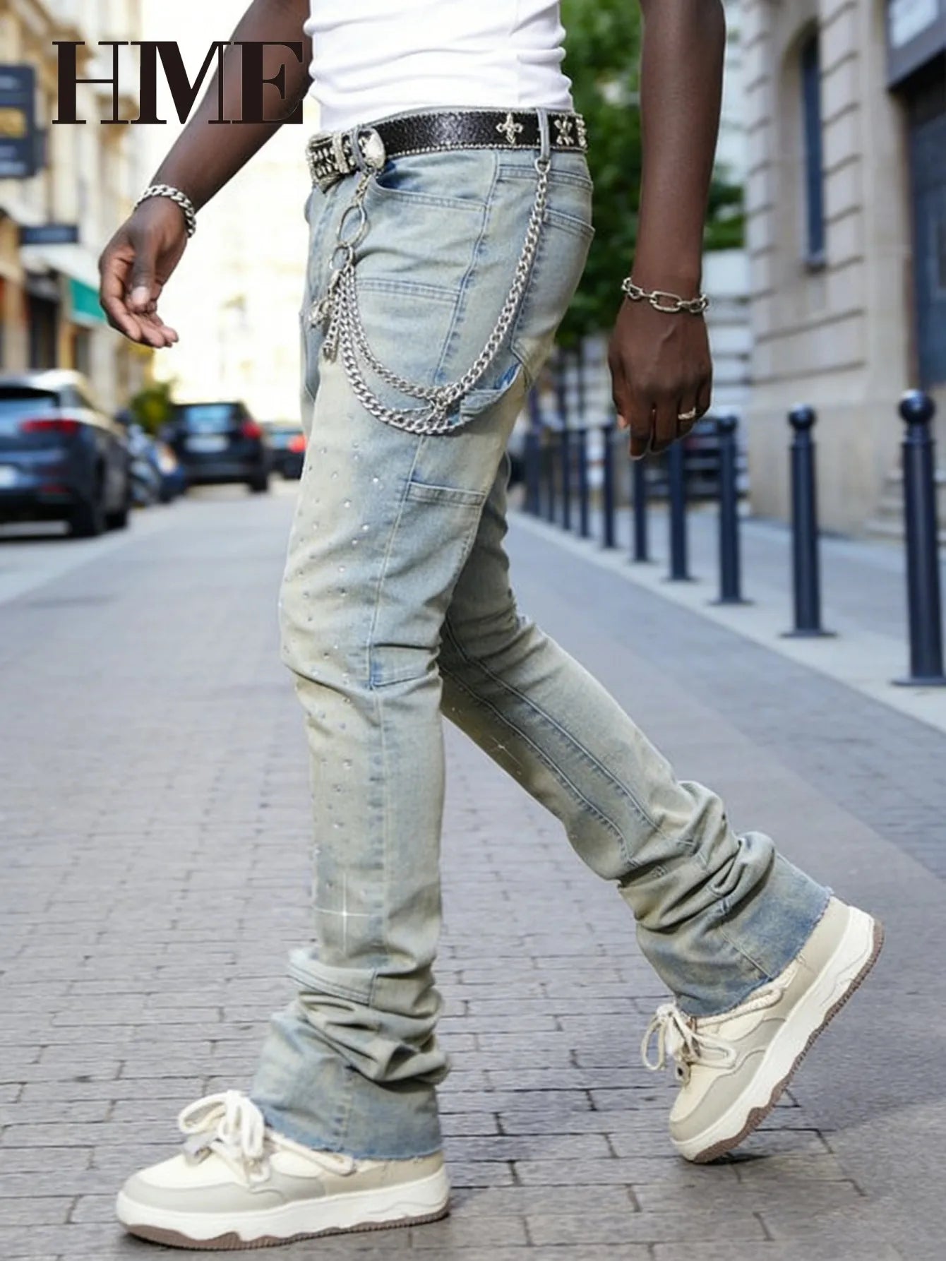 【HME】Men's jeans | Rhinestone Embellished Stacked Flare Denim pants for men, light vintage washed denim trousers with full‑body hot‑fix rhinestones, contrast stitching, multi‑pocket construction fashion streetwear m